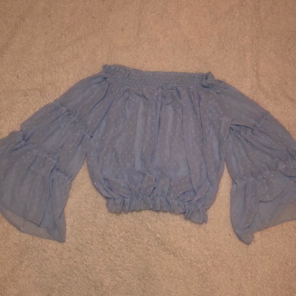 Baby blue off the shoulder sheer bell sleeve top